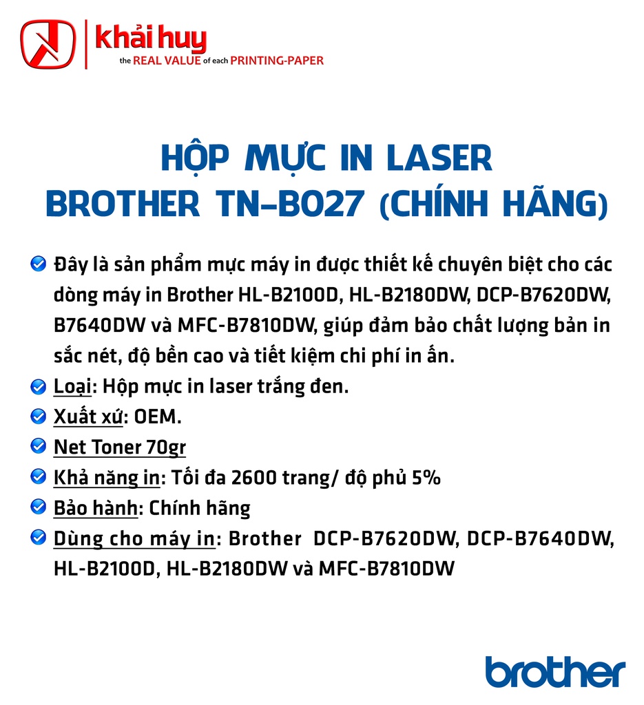HỘP MỰC IN LASER BROTHER TN-B027 (CHÍNH HÃNG)