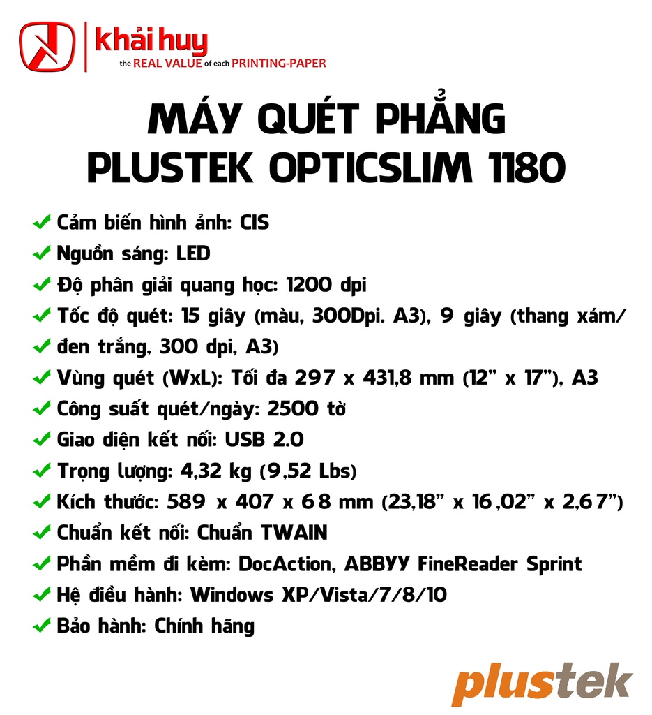 MÁY QUÉT PHẲNG PLUSTEK OPTICSLIM 1180